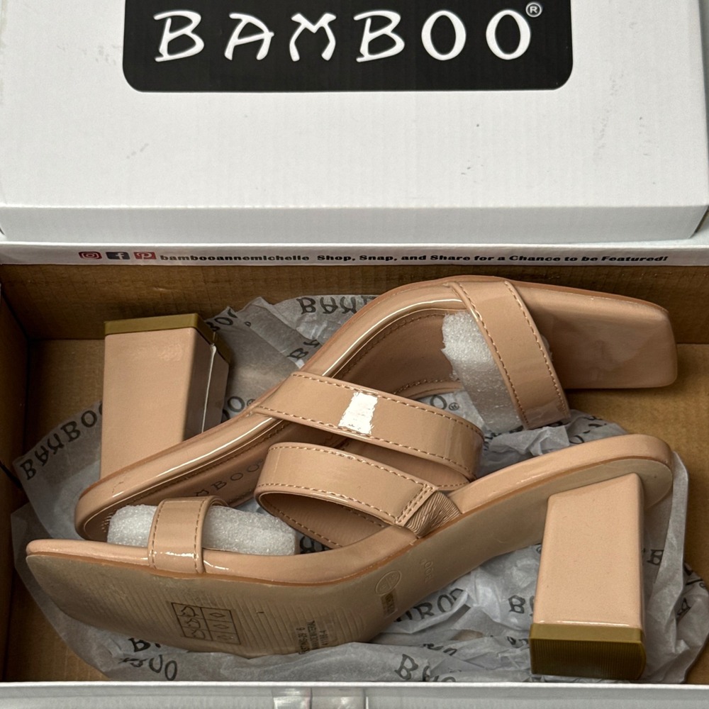 Bamboo Square Toe Block Heel Sandals Womens Size 6 Lasting 29 Nude Patent Shoes - Picture 2 of 6